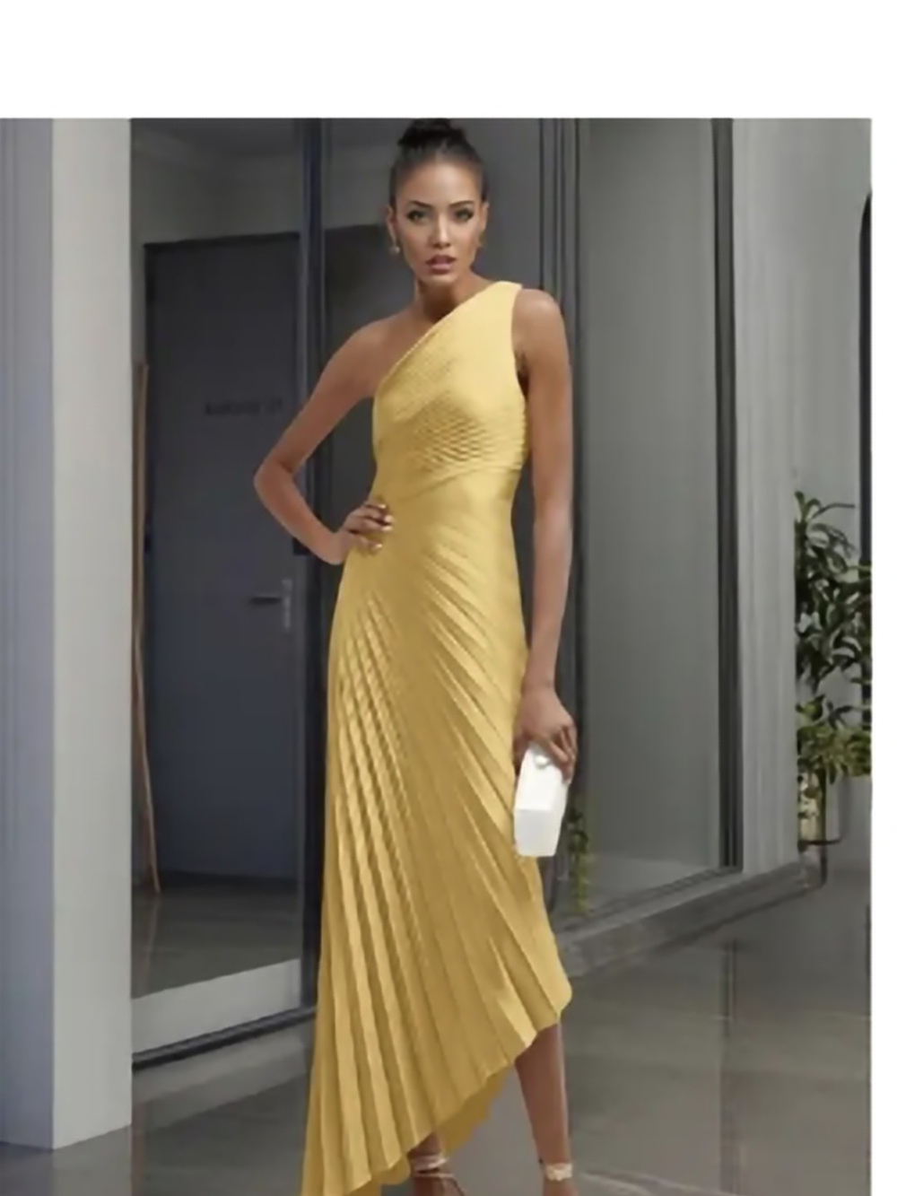Gold One-Shoulder Pleated Dress - Picture 3 of 3